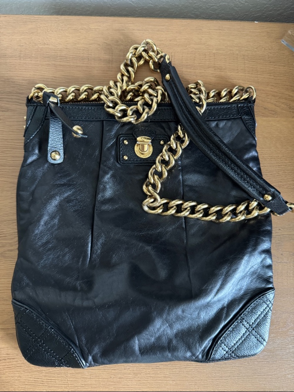 Marc Jacobs Black Leather Shoulder Bag with Gold Chain Strap